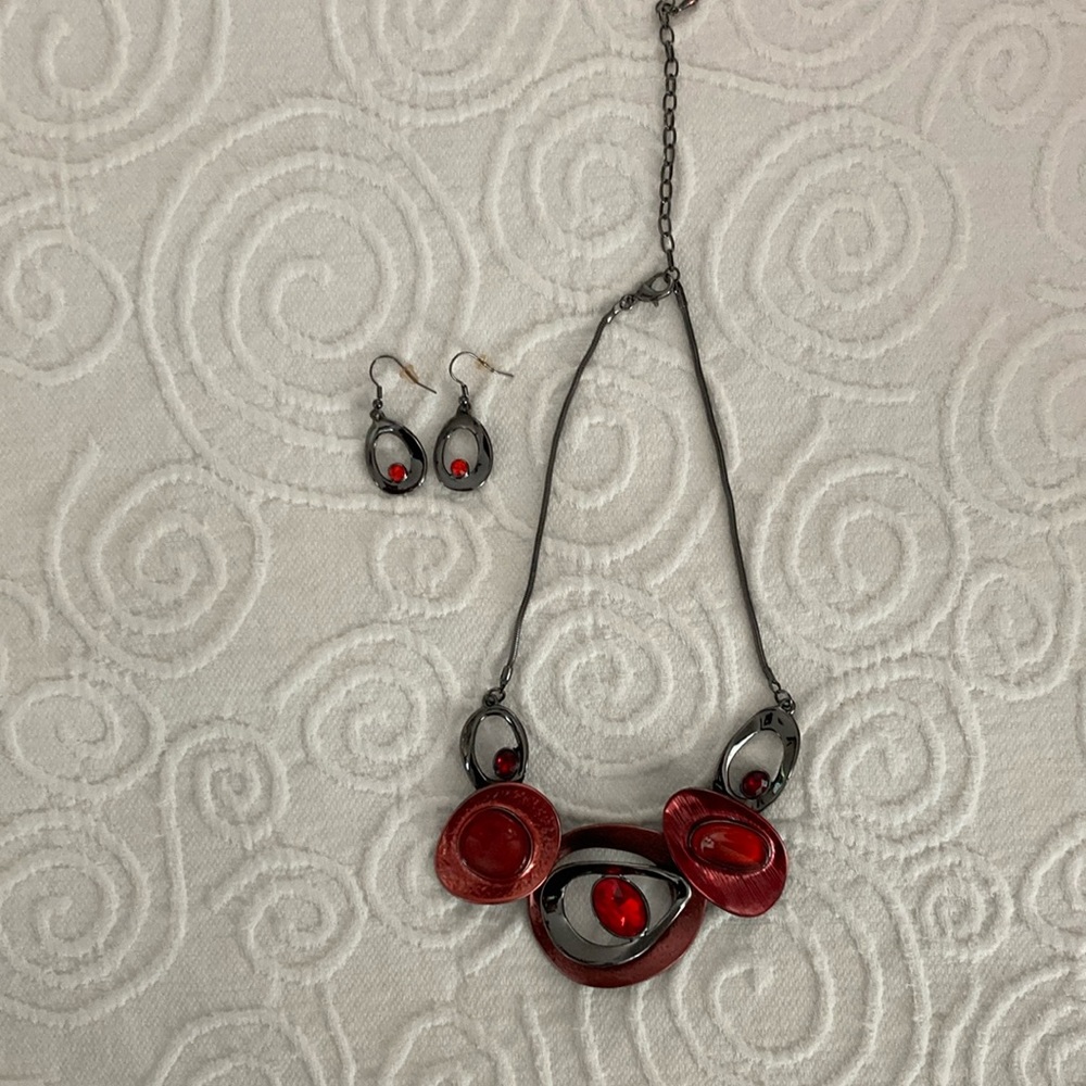 Red/Silver Necklace and Earrings Set, like new